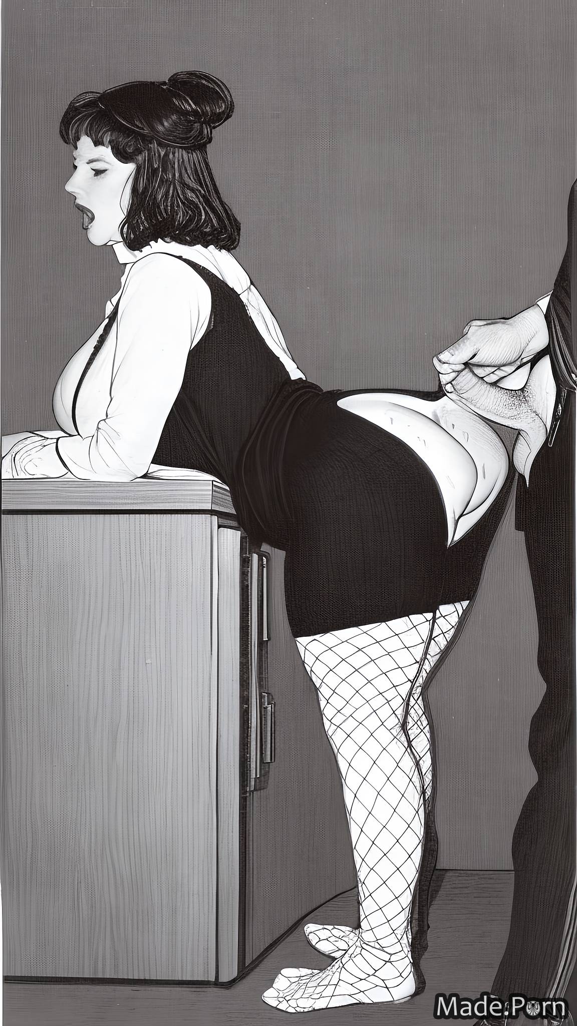 wife looking back open mouth teacher sweater thigh socks 80