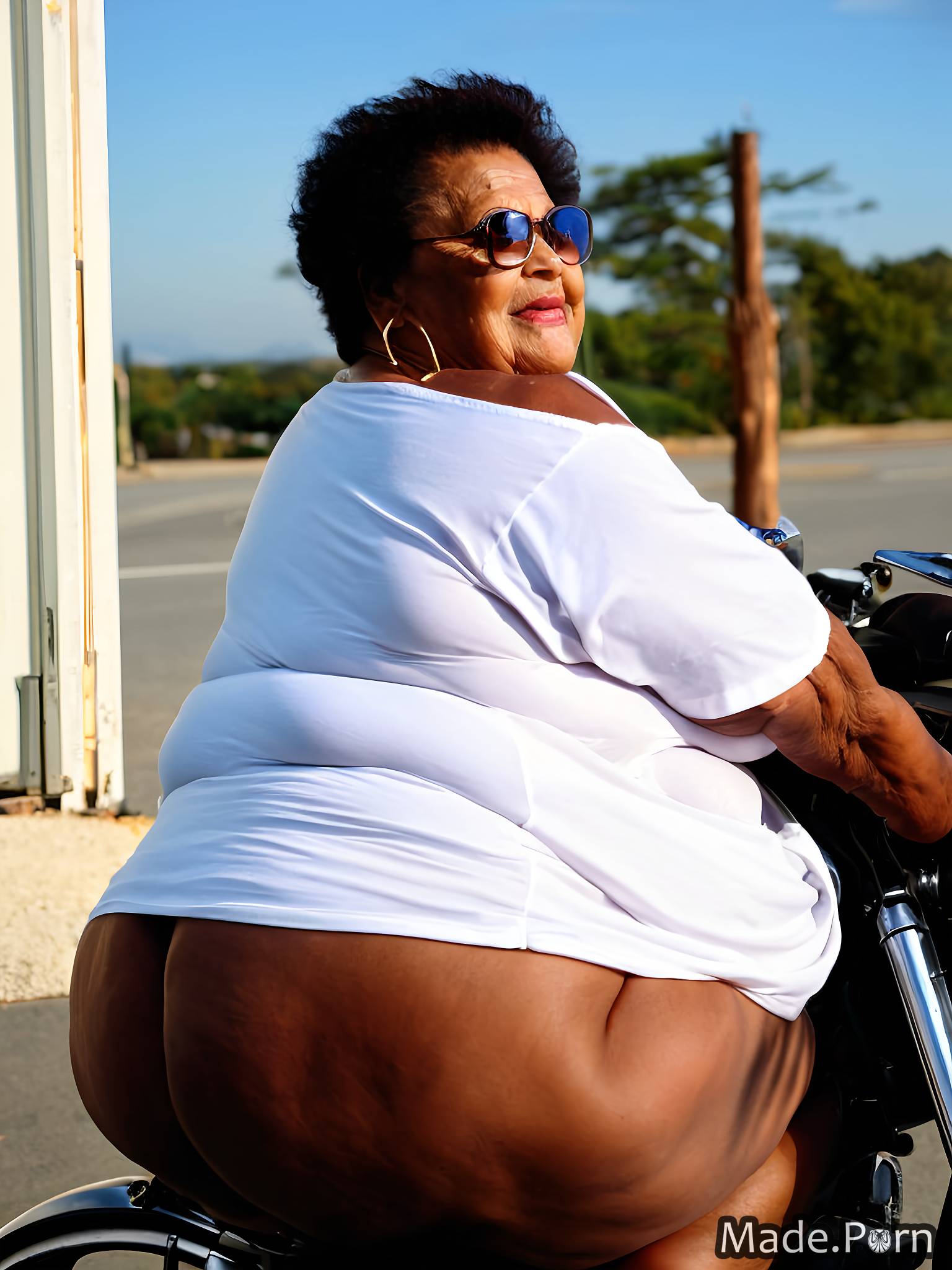 sitting african american bimbo looking at viewer motorcycle oversized shirt chubby