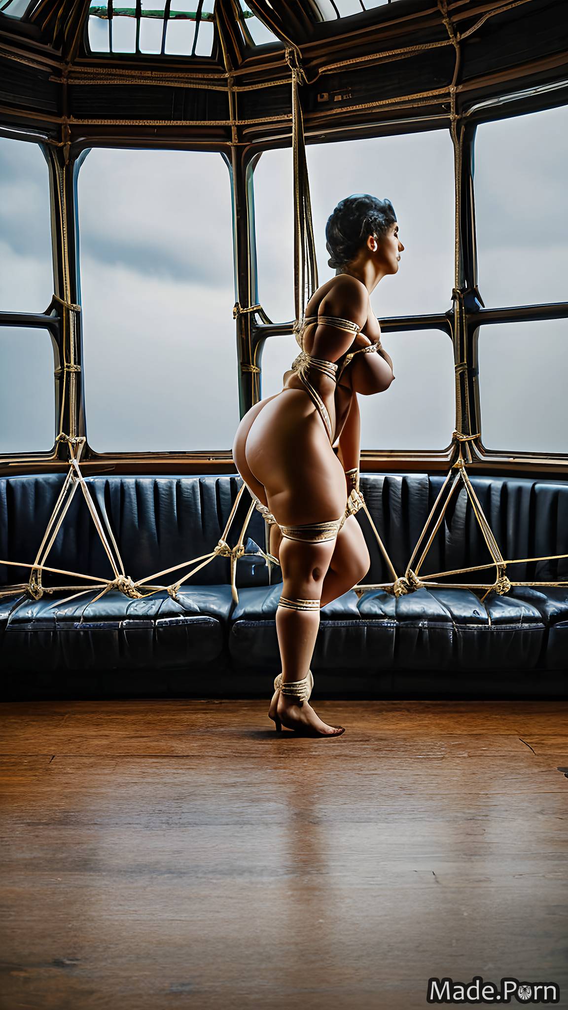 oiled body white hair angry standing bondage short hair sideview