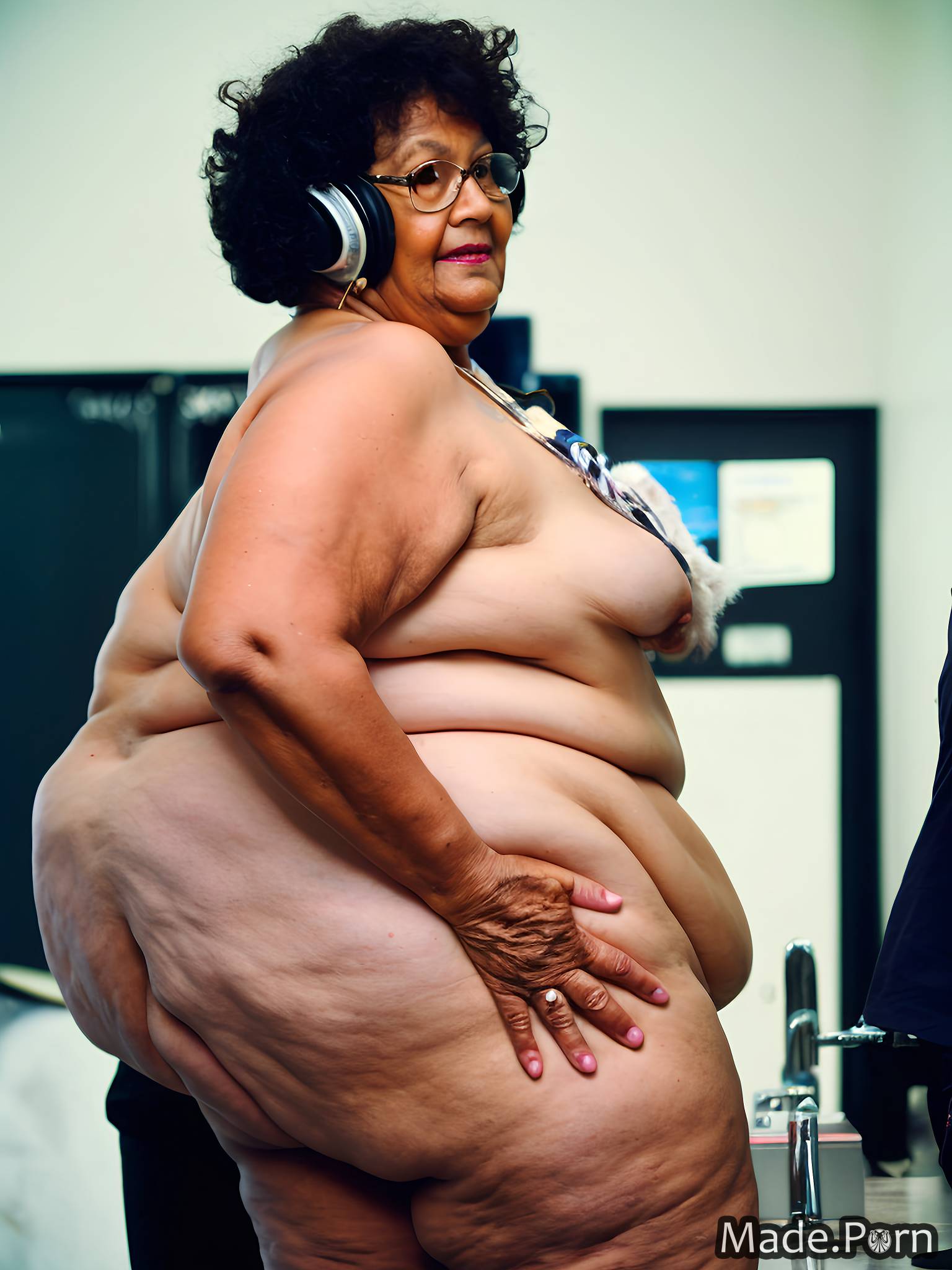 woman wild afro headphones nude tall sideview fat