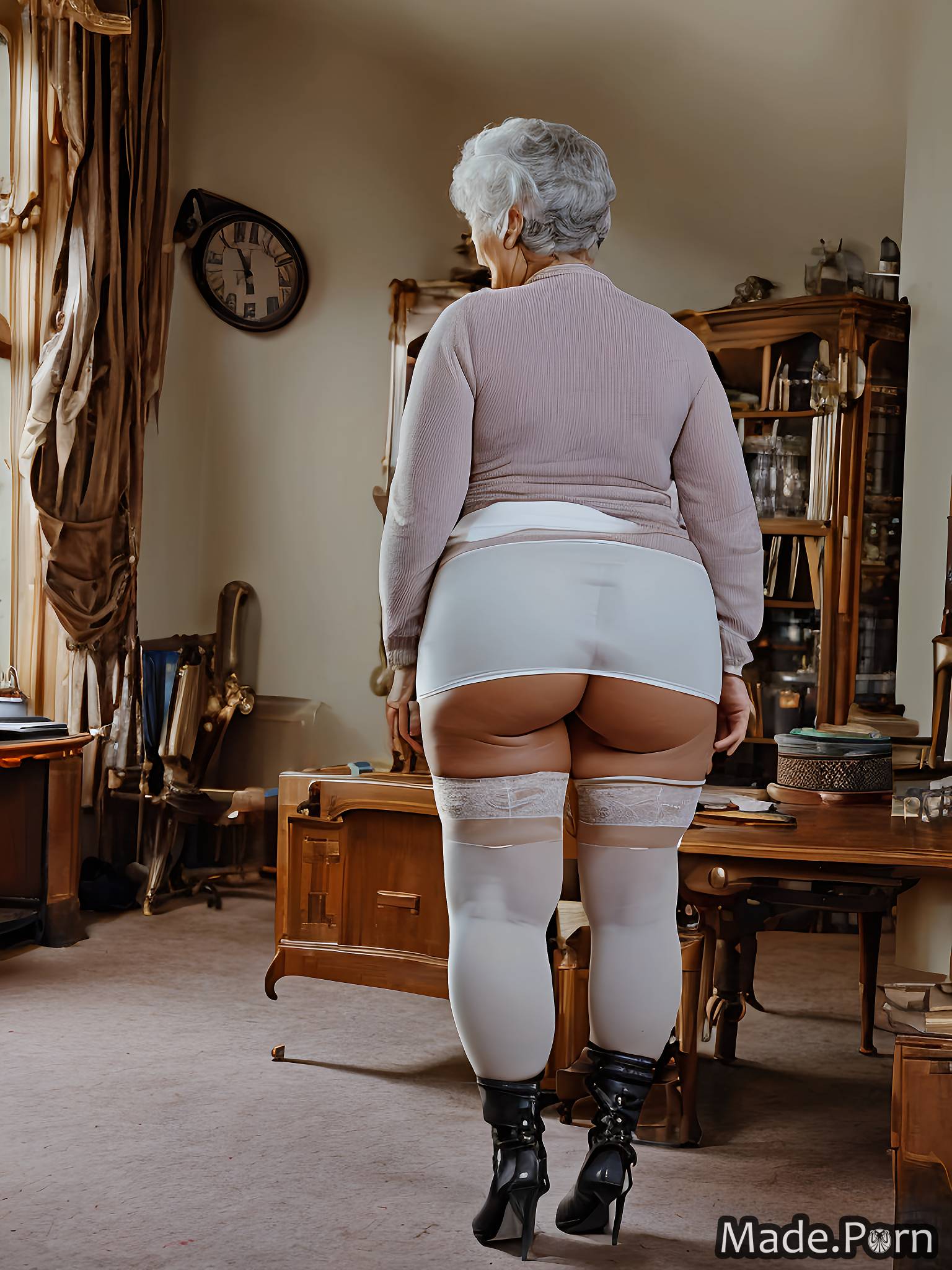 white hair pantyhose sideview bottomless big hips made thick
