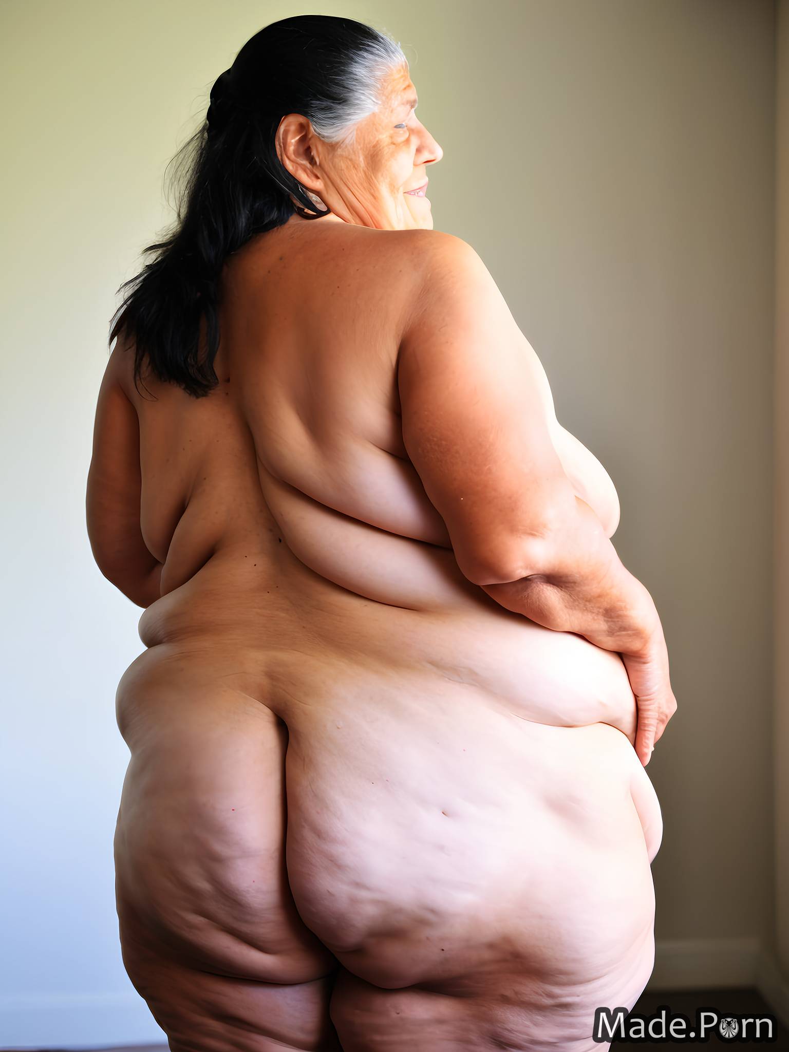 black hair woman tanned skin pawg thick thighs ssbbw sideview