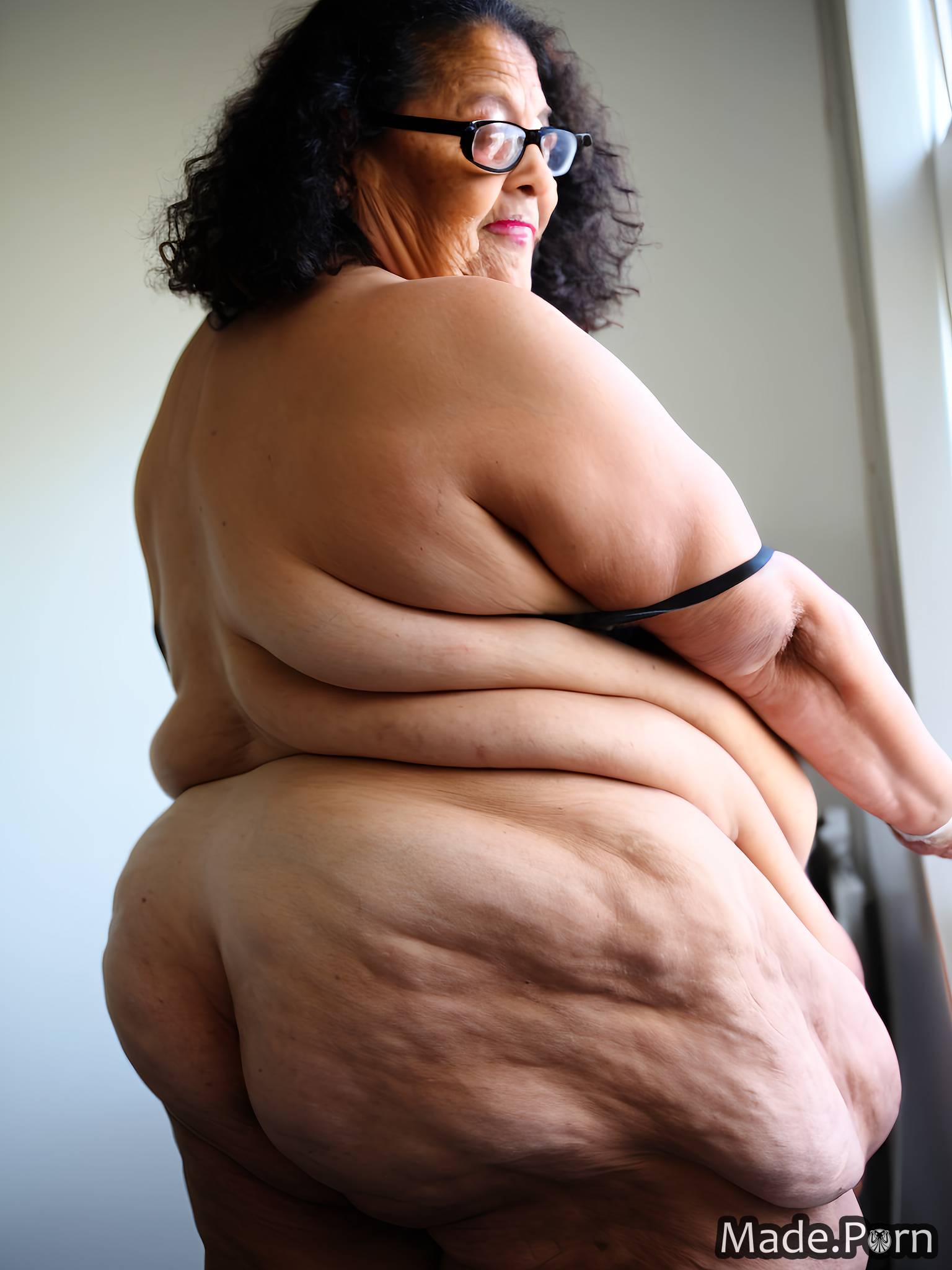fat short woman black hair photo looking at viewer thighs