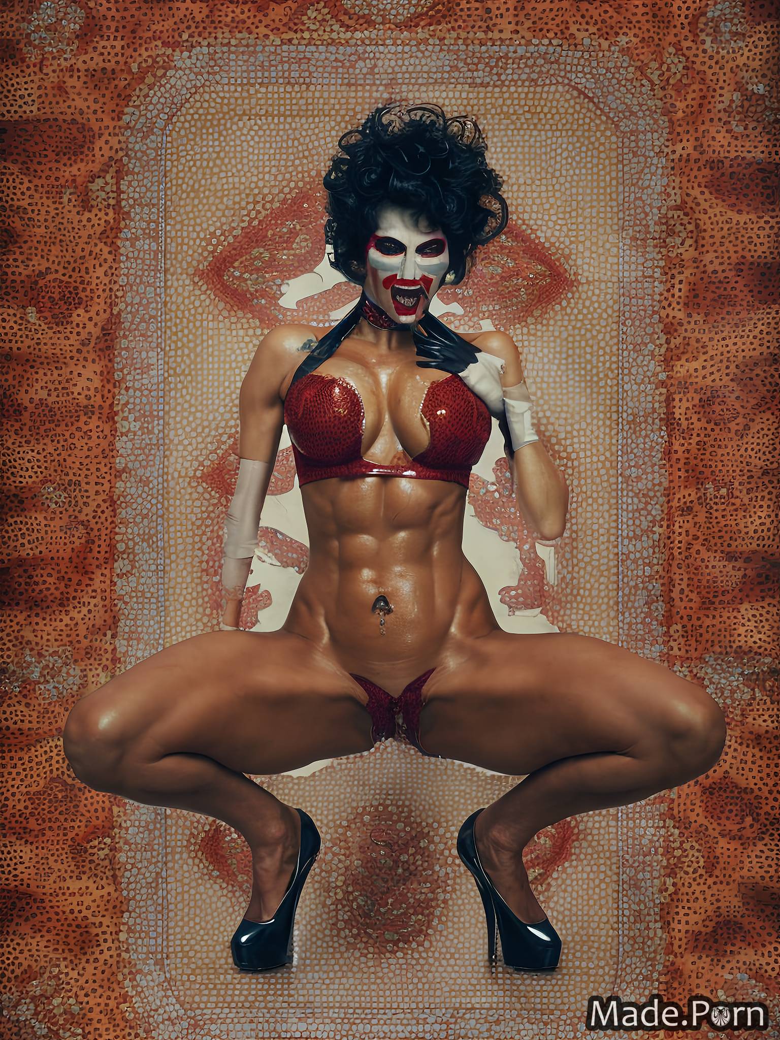 oiled body lipstick high heels nude caucasian bimbo clown