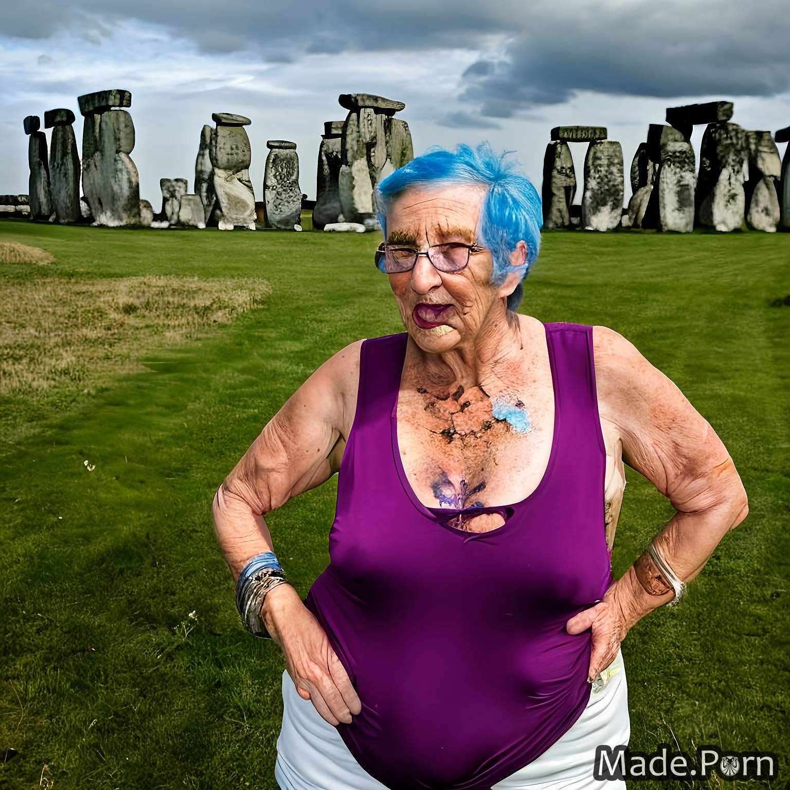 shocked british 80 Stonehenge, England tank top messy hair busty