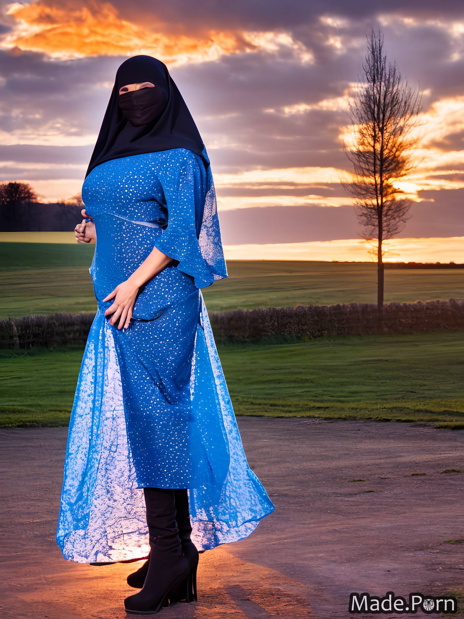 medium shot Stonehenge, England niqab blue hair curly hair serious maid