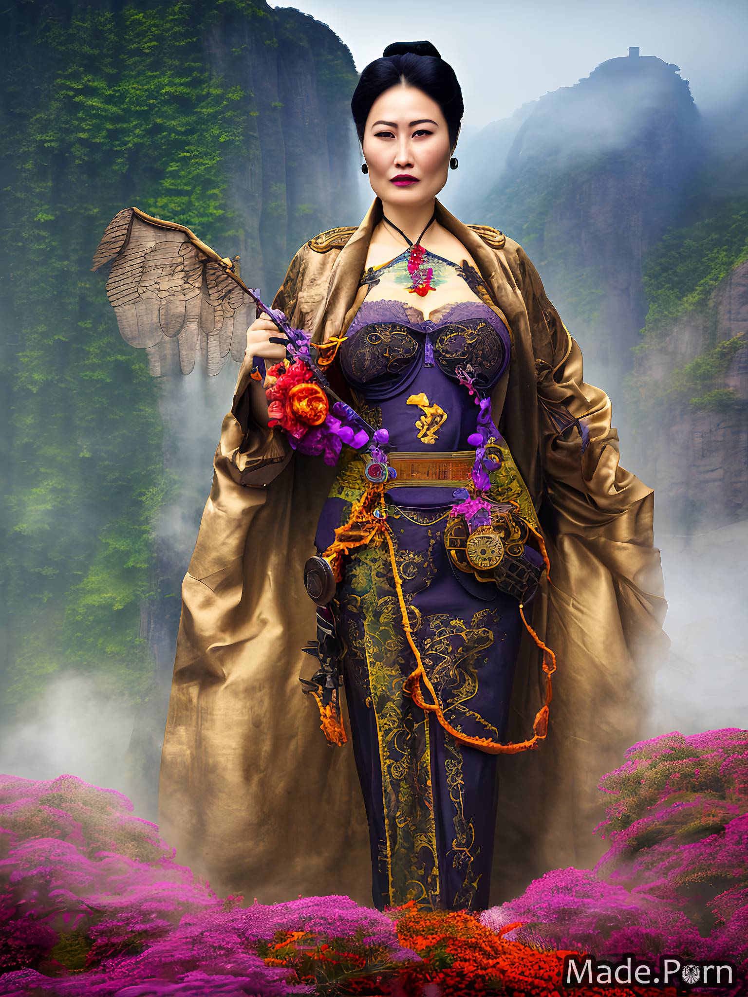 professor Leshan Giant Buddha, China bird wings apron perfect boobs purple hair screaming